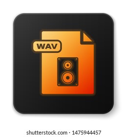 Orange glowing neon WAV file document. Download wav button icon isolated on white background. WAV waveform audio file format for digital audio riff files. Black square button. Vector Illustration