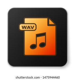 Orange glowing neon WAV file document. Download wav button icon isolated on white background. WAV waveform audio file format for digital audio riff files. Black square button. Vector Illustration