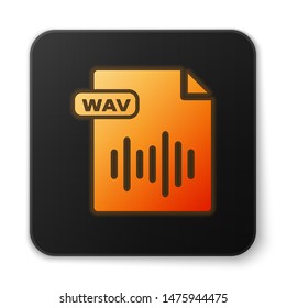 Orange glowing neon WAV file document. Download wav button icon isolated on white background. WAV waveform audio file format for digital audio riff files. Black square button. Vector Illustration