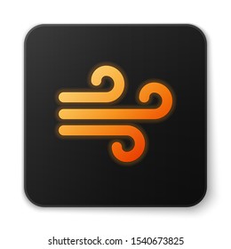 Orange glowing neon Wind icon isolated on white background. Windy weather. Black square button. Vector Illustration