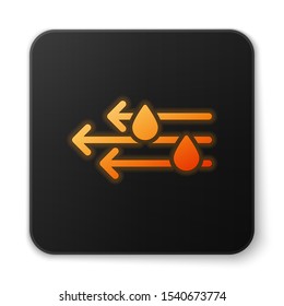 Orange glowing neon Wind and rain icon isolated on white background. Windy weather. Black square button. Vector Illustration