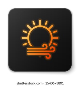 Orange glowing neon Wind and sun icon isolated on white background. Windy weather. Black square button. Vector Illustration