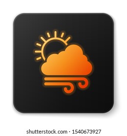 Orange glowing neon Windy weather icon isolated on white background. Cloud with sun and wind. Black square button. Vector Illustration