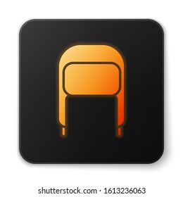 Orange glowing neon Winter hat with ear flaps icon isolated on white background. Black square button. Vector Illustration