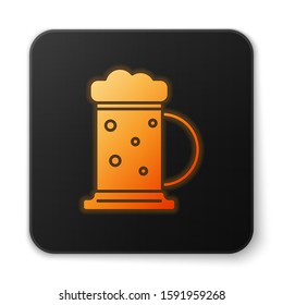 Orange glowing neon Wooden beer mug icon isolated on white background. Black square button. Vector Illustration