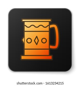 Orange glowing neon Wooden mug icon isolated on white background. Black square button. Vector Illustration