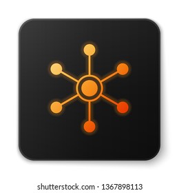 Orange glowing Network icon isolated on white background. Global network connection. Global technology or social network. Connecting dots and lines. Black square button. Vector Illustration