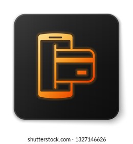 Orange glowing NFC Payment icon isolated on white background. Mobile payment. NFC smartphone concept. Transfer icon. Black square button. Vector Illustration