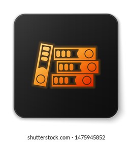 Orange glowing Office folders with papers and documents icon isolated on white background. Office binders. Archives folder sign. Black square button. Vector Illustration