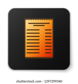 Orange glowing Paper check and financial check icon isolated on white background. Paper print check, shop receipt or bill. Black square button. Vector Illustration