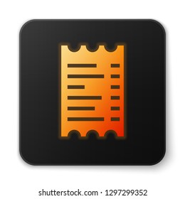 Orange glowing Paper check and financial check icon isolated on white background. Paper print check, shop receipt or bill. Black square button. Vector Illustration