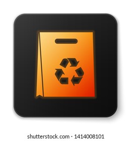 Orange glowing Paper shopping bag with recycle icon isolated on white background. Bag with recycling symbol. Black square button. Vector Illustration
