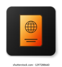 Orange glowing Passport with biometric data icon isolated on white background. Identification Document. Flat design. Black square button. Vector Illustration