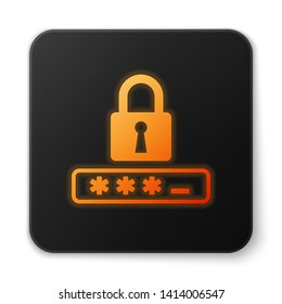 Orange glowing Password protection and safety access icon isolated on white background. Lock icon. Security, safety, protection, privacy concept. Black square button. Vector Illustration
