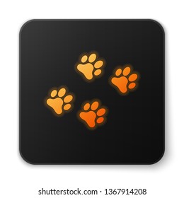 Orange glowing Paw print icon isolated on white background. Dog or cat paw print. Animal track. Black square button. Vector Illustration