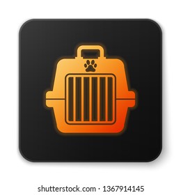 Orange glowing Pet carry case icon isolated on white background. Carrier for animals, dog and cat. Container for animals. Animal transport box. Black square button. Vector Illustration