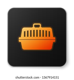 Orange glowing Pet carry case icon isolated on white background. Carrier for animals, dog and cat. Container for animals. Animal transport box. Black square button. Vector Illustration