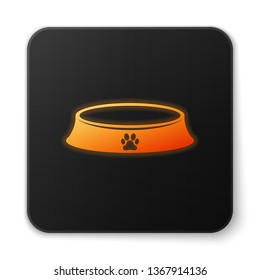 Orange glowing Pet food bowl for cat or dog icon isolated on white background. Dog or cat paw print. Black square button. Vector Illustration