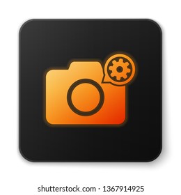 Orange glowing Photo camera and gear icon isolated on white background. Adjusting app, service concept, setting options, maintenance, repair, fixing. Black square button. Vector Illustration