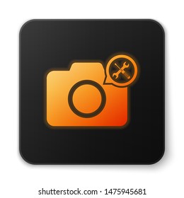 Orange glowing Photo camera with screwdriver and wrench icon isolated on white background. Adjusting, service, setting, maintenance, repair, fixing. Black square button. Vector Illustration