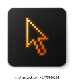Orange glowing Pixel arrow cursor icon isolated on white background. Black square button. Vector Illustration