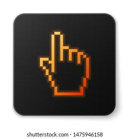 Orange glowing Pixel hand cursor icon isolated on white background. Pointer hand cursor. Black square button. Vector Illustration