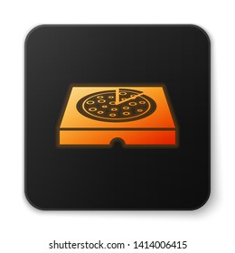 Orange glowing Pizza in cardboard box icon isolated on white background. Box with layout elements. Black square button. Vector Illustration