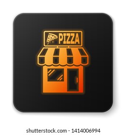 Orange glowing Pizzeria building facade icon isolated on white background. Fast food pizzeria kiosk. Black square button. Vector Illustration