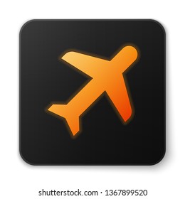 Orange glowing Plane icon isolated on white background. Flying airplane icon. Airliner sign. Black square button. Vector Illustration