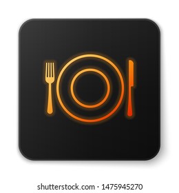Orange glowing Plate, fork and knife icon isolated on white background. Cutlery symbol. Restaurant sign. Black square button. Vector Illustration