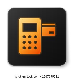 Orange glowing Pos terminal with inserted credit card icon isolated on white background. Payment terminal transaction. Black square button. Vector Illustration