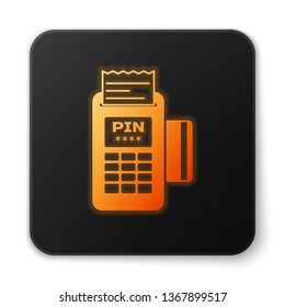 Orange glowing POS terminal with inserted credit card and printed reciept icon isolated on white background. NFC payment concept. Black square button. Vector Illustration