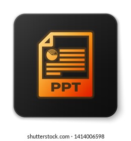 Orange glowing PPT file document icon. Download ppt button icon isolated on white background. PPT file presentation. Black square button. Vector Illustration