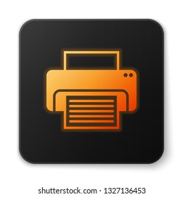 Orange glowing Printer icon isolated on white background. Black square button. Vector Illustration