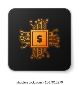 Orange glowing Processor chip with dollar icon isolated on white background. CPU, central processing unit, microchip, microcircuit, computer processor, chip. Black square button. Vector Illustration