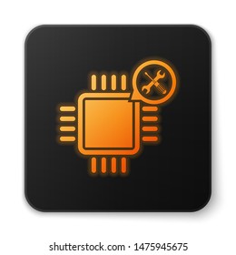 Orange glowing Processor with screwdriver and wrench icon isolated on white background. Adjusting, service, setting, maintenance, repair, fixing. Black square button. Vector Illustration