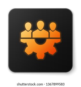 Orange glowing Project team base icon isolated on white background. Business analysis and planning, consulting, team work, project management. Developers. Black square button. Vector Illustration
