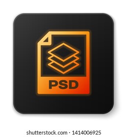 Orange glowing PSD file document icon. Download psd button icon isolated on white background. PSD file symbol. Black square button. Vector Illustration