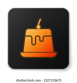 Orange glowing Pudding custard with caramel glaze icon isolated on white background. Black square button. Vector Illustration