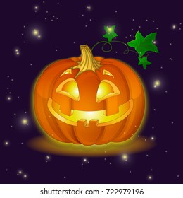 Orange glowing pumpkin against the starry sky. Vector children's funny character in the style of a card. Image for Halloween.