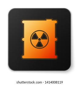 Orange glowing Radioactive waste in barrel icon isolated on white background. Toxic refuse keg. Radioactive garbage emissions, environmental pollution. Black square button. Vector Illustration