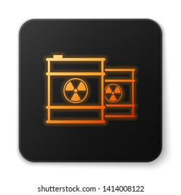 Orange glowing Radioactive waste in barrel line icon isolated on white background. Toxic refuse keg. Radioactive garbage emissions, environmental pollution. Black square button. Vector Illustration