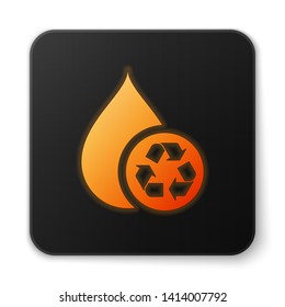 Orange glowing Recycle clean aqua icon isolated on white background. Drop of water with sign recycling. Black square button. Vector Illustration