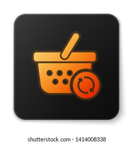 Orange glowing Refresh shopping basket icon isolated on white background. Online buying concept. Delivery service sign. Update supermarket basket symbol. Black square button. Vector Illustration