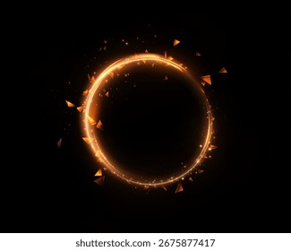 Anillo brillante anaranjado con partículas y chispas sobre fondo negro. Círculo de energía con brillo brillante y fragmentos voladores para interfaces futuristas, efectos mágicos y diseño digital.