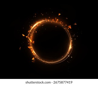Anillo brillante anaranjado con partículas y chispas sobre fondo negro. Círculo de energía con brillo brillante y fragmentos voladores para interfaces futuristas, efectos mágicos y diseño digital.