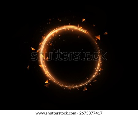 Orange glowing ring with particles and sparks on black background. Energy circle with bright glow and flying fragments for futuristic interfaces, magic effects and digital design.