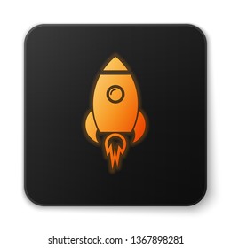 Orange glowing Rocket ship with fire icon isolated on white background. Space travel. Black square button. Vector Illustration