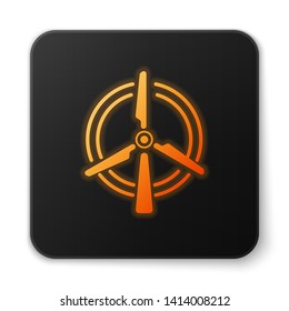 Orange glowing Rotating wind turbine icon isolated on white background. Wind generator sign. Windmill silhouette. Windmill for electric power production. Black square button. Vector Illustration