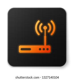 Orange glowing Router and wi-fi signal symbol icon isolated on white background. Wireless ethernet modem router. Computer technology internet. Black square button. Vector Illustration